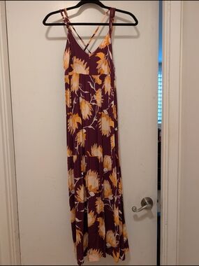 Ava Sky Burgundy Floral Maxi Dress with Yellow Blooms